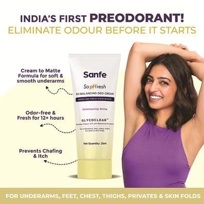 Sanfe So PHresh PH Balancing Deo Cream Shimmering White for Underarm Feet Intimates and Skin Fold 20 ml - Intimate Hygiene