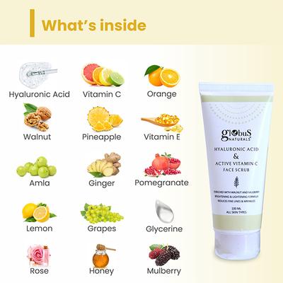Globus Naturals Hyaluronic Acid & Vitamin C Anti Ageing Face Scrub, Enriched with Walnut & Mulberry 100 gm - Scrubs & Exfoliants