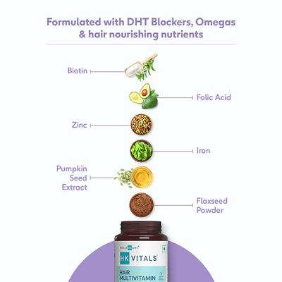 HK Vitals Hair Multivitamin with Dht Blockers, Omega and Biotin, Supports Keratin Synthesis and Helps Reduce Hair Fall, 60 Multivitamin Capsules 1's - Hair & Skin