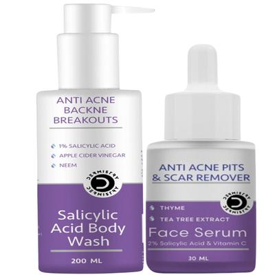 Dermistry Anti Acne 1% Salicylic Acid Body Wash 200 ml + Anti Acne Pits And Scar Remover Face Serum 30 ml - Lotions & Creams