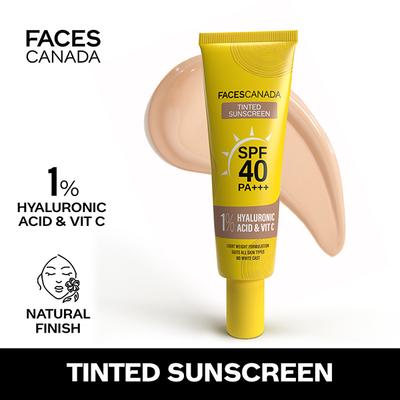 Faces Canada Tinted Sunscreen, SPF 40 PA+++, 1 Percent Hyaluronic Acid and Vitamin C, No White Cast 30 gm - Body Sunscreen