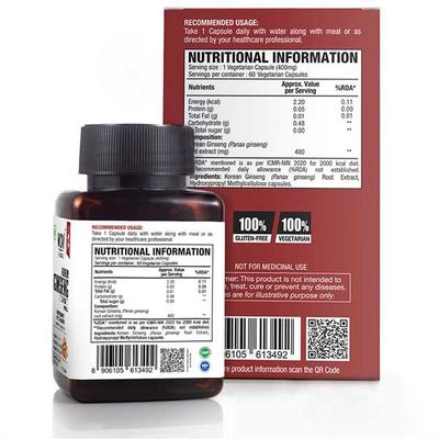 WOW Life Science 1000 mg Korean Ginseng Root Extract Veg Capsule 60's - Herbal Dietary Supplement