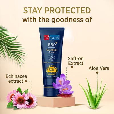 Dr Batras Pro+ Sun Block Cream for Sun Protection, Enriched with Saffron 100 gm - Face Sunscreen