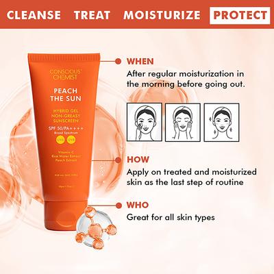 Conscious Chemist Gel Sunscreen SPF 50 PA++++ Vitamin C, Rice Water & Peach Extract 50 g - Face Sunscreen