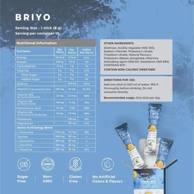 Briyo H2Lyte Minerals & Vitamins Sachets - Lemon Flavour (Pack of 10 x 8 g) - Nutritional Supplement
