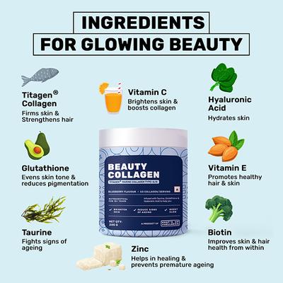What's Up Beauty Collagen Powder Certified Marine Titagen Type I & III. Spotless Skin. Blueberry 200 gm - Multi-Vitamins