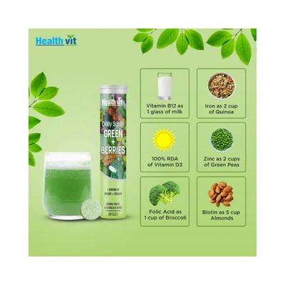 Healthvit Daily Super Green + Berries, Wholefood Multivitamin , Detox and Antioxidants - Effervescent Tablets 10's - Multi-Vitamins