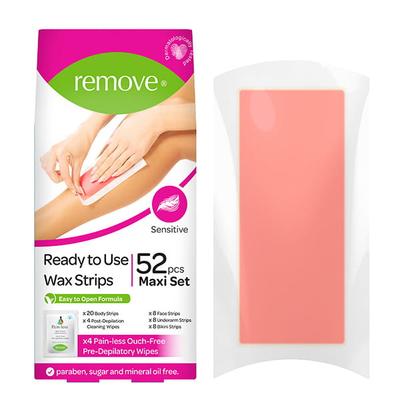 Remove Wax Strips 52 Pcs Maxi Set - Sensitive (20 Body + 8 Bikini + 8 Face + 8 Underarm Strips & 4 Pain-Less + 4 Post Depilation Cleaning Wipes) 1's - Shaving & Hair Removal
