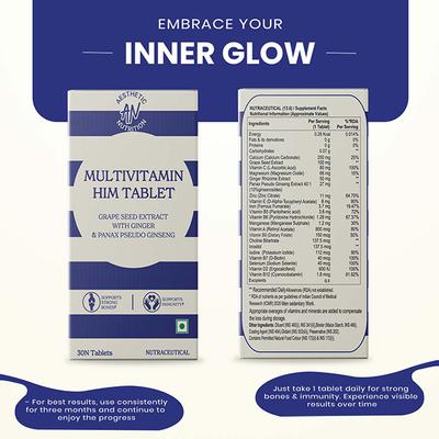Aesthetic Nutrition Multivitamin Him With Grape Seed Extract, Ginger, And Panax Pseudo Ginseng For Energy, Vitality 30 Tablets 1's - Multi-Vitamins