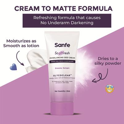 Sanfe So PHresh PH Balancing Deo Cream Dreamy Delight for Underarms Feet Intimates and Skin Folds 20 ml - Intimate Hygiene