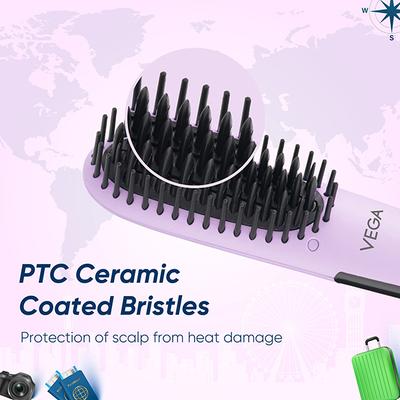 Vega Mini Hair Straightener Brush for Women with Thermoprotect Technology, Ceramic Coated Bristles & 2 Heat Settings, (Go Mini Series, VHSB-05) 1's - Hair Combs
