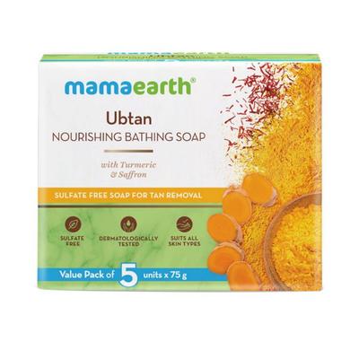Mamaearth Ubtan Nourishing Bathing Soap with Turmeric & Saffron Sulfate Free Soap for Tan Removal Pack OF 5 X 75gm 375 gm - Soaps