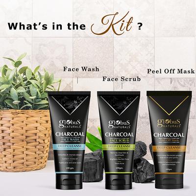 Globus Naturals Diwali Glow Charcoal Trio Kit -Face Wash 100gm, Face Scrub 100gm, Peel-Off Mask 100gm 1's - Makeup Kits & Sets