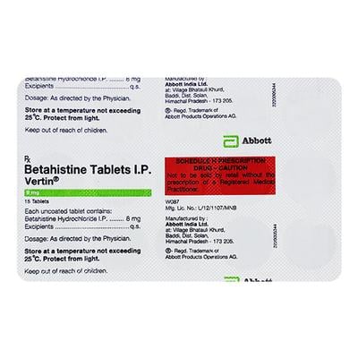 Vertin 8mg Tablet 15'S - Vertigo-Ant