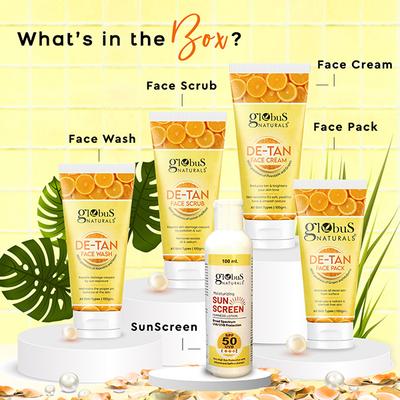 Globus Naturals De-Tan Diwali Glow Gift Box -Face Wash 100gm, Face Scrub 100gm, Face Cream 100gm, Face Pack 100gm, and Sunscreen Lotion 100ml 1's - Makeup Kits & Sets