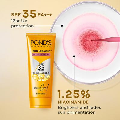 Pond's Sun Miracle SPF 35 PA+++ Creme Gel Sunscreen - Protect and Bright, with Niacinamide 15 gm - Face Sunscreen
