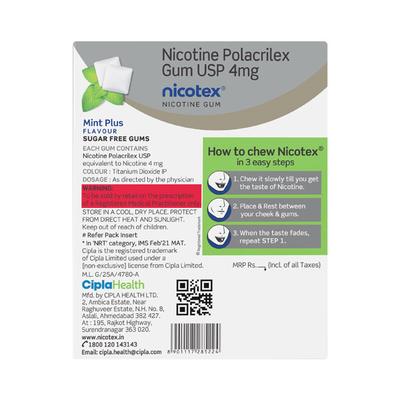 NICOTEX MINT PLUS FLAVOUR SUGAR FREE GUMS 4mg Tablet 12's - Smoking cessation