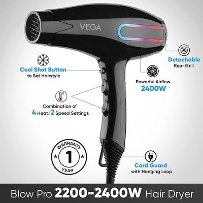 Vega Blow Pro 2400W Hair Dryer With Comb, Concentrator & Diffuser Nozzles, 2 Speed/4 Heat Settings, (Vhdp-05) - Hair Dryers