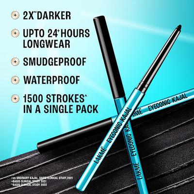 Lakme 9 to 5 Eyeconic Kajal, Smudgeproof, Waterproof, lasts upto 24 Hrs, Deep Black (Pack Of 2 x 0.35gm) 1's - Kajal & Kohls