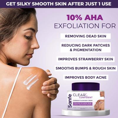 Sanfe Clear and Confident Overnight Glow Body Cream Exfoliates Reduces Dark Patches Pigmentation 100 gm - Creams, Lotions & Oils