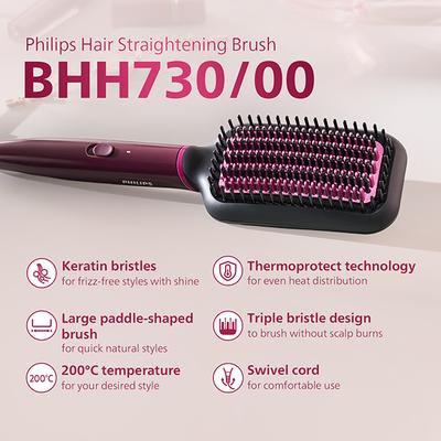 Philips Bhh730 00 Dark Wine Color Naturally Heated, Silk Protect Technology, Hair Straightener Brush 620 gm - Straighteners