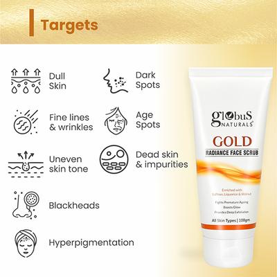 Globus Naturals Gold Radiance Anti Ageing & Brightening Face Scrub Enriched with Saffron 100 gm - Scrubs & Exfoliants