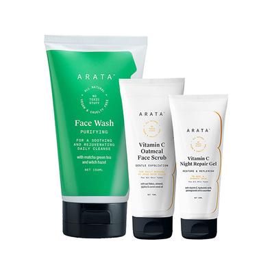 Arata Vitamin C Renew & Repair Combo With Purifying Face Wash (150 ML), Vitamin C Oatmeal Face Scrub (75 ML) & Vitamin C Night Repair Gel (50 ML) 275 ml - Face Washes