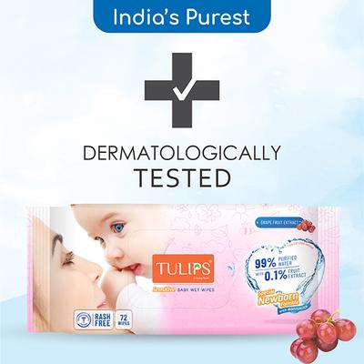 Tulips Sensitive Baby Wet Wipes Grape Fruit Extract Special Newborn formula Moisturizer 72's - Diapers & Wipes