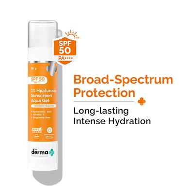 The Derma Co. 1 Percent Hyaluronic Sunscreen Aqua Gel For Broad Spectrum & Blue Light Protection SPF 50 PA++++ 50gm - Face Sunscreen