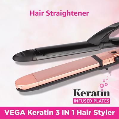 VEGA 3 in 1 Keratin Hair Styler Straightener Curler and Crimper (VHSCC-03) Rose Gold 1 gm - Multi-Stylers