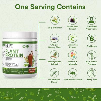 INLIFE Plant Protein Powder - Chocolate Flavour 500 gm - Protein Drink