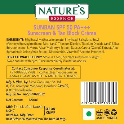 Nature'S Essence Sunban Spf 50 Pa+++ Sunscreen & Tan Block Creme 120 ml - Face Sunscreen