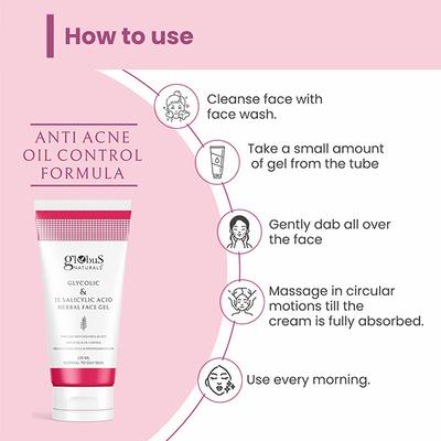 Globus Naturals Glycolic & 1% Salicylic Acid Herbal Anti Acne Face Gel, 100ml each 2's - Masks & Peels