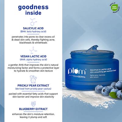 Plum Salicylic & Lactic Acid Skin-Smoothing Gel Face Moisturizer For Active Acne & Oil-Free Hydration 50 gm - Face Moisturizers