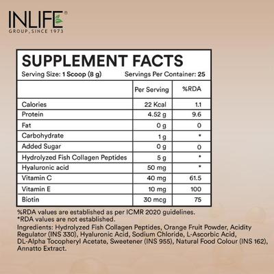 INLIFE Hydrolyzed Fish Collagen Powder - Orange Flavour 200 gm - Hair & Skin