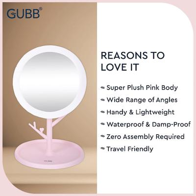 GUBB 360 degree Vanity Mirror with Storage Tray & Branch for Accessories, Rotating Table Mirror with Stand - Pink 1's - Others