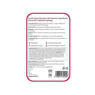 Wellbeing Nutrition Melts Vital Iron Plant Based Iron (ABFortis), Beetroot, Swiss Chard, Pumpkin Seeds, Vitamin C and Folate (30 Strips) - Calcium And Minerals