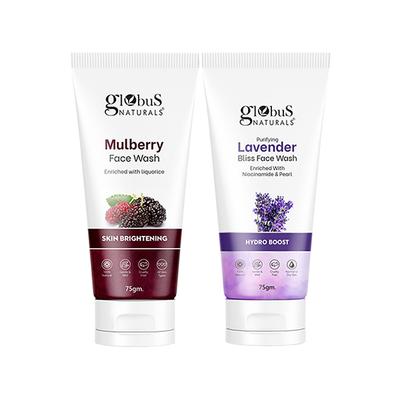 Globus Naturals Face Care Combo- Skin Brightening Mulberry, Hydro Boost Lavender Face Wash 75gm each 2's - Face Wash & Cleansers