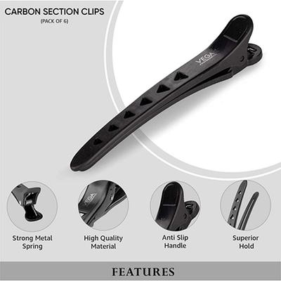 Vega Professional Carbon Section Clips for Sectioning, Styling, Coloring and Makeup - (VPHSC-01) 6's - Hair Clips/Bands