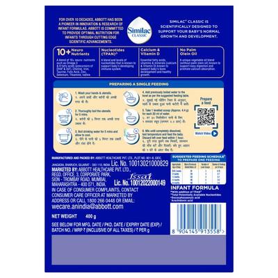 Similac Classic Infant Formula stage 1 Powder (Up to 6 months) Refill Pack 400 g - Baby And Infant Supplements