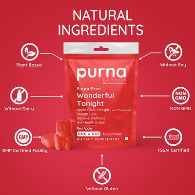 Purna Gummies Sugar Free Apple Cider Vinegar for Adults and Kids Better Digestion and Clear Skin 30's - Apple Cider Vinegar - Acv