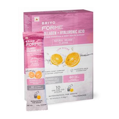 Briyo Forme Collagen + Hyaluronic Acid Structural Support Drink Mix Sugar Free Sachets - Orange Flavour (Pack of 10 x 11.6 g) - Nutritional Supplement