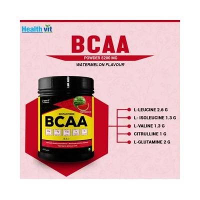 Healthvit Fitness 100% Micronized BCAA 5200mg 2-1-1 with L-Glutamine and L-Citrulline Malate, (10 Servings) Watermelon Flavour Keto Friendly, Caffeine Free 200 gm - General Health