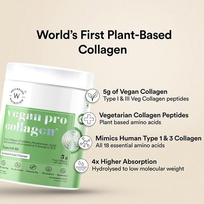 Wellbeing Nutrition Vegan Pro Collagen, Clinically Proven Plant Based Collagen Peptides Gotu Kola, Ginseng, Vitamin C and E - Lemon Lime Flavour 200 g - Multi-Vitamins