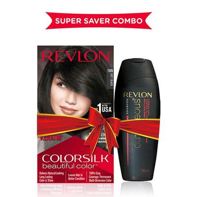 Revlon Colorsilk Hair Color with Keratin 3D Color No Ammonia- 1WN Soft Black 91.8ml + Outrageous Shampoo free 90ml 1's - Crème