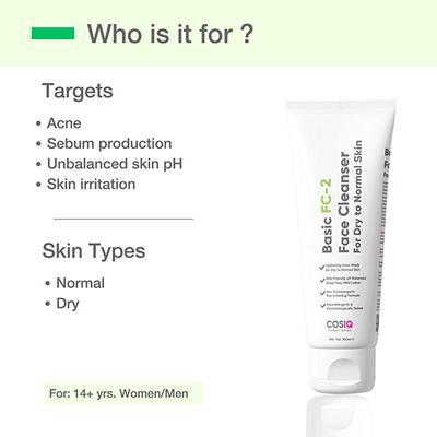 Cos-IQ FC 2 Face Cleanser for Dry Skin Hydrating Face Wash with Salicylic Acid 2 percent ww Non Comedogenic Non Irritating Formula for unisex 100 ml - Face Wash & Cleansers
