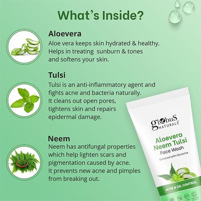 Globus Naturals Acne Face Wash Combo, Aloe Vera Neem Tulsi Face Wash & Kesar Chandan Face Wash, 75gm each 2's - Face Wash & Cleansers