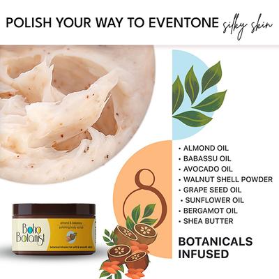 Boho Botanist Body Scrub Almond & Babassu - Body Polishing, Removes Tan & Dead Skin, Esp. Dry Skin 200 gm - Scrubs & Exfoliants