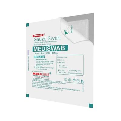 Medica Mediswab Gauze Swab 7.5 cm x 7.5 cm x 12 PLY 5's - Bandages & Dressings
