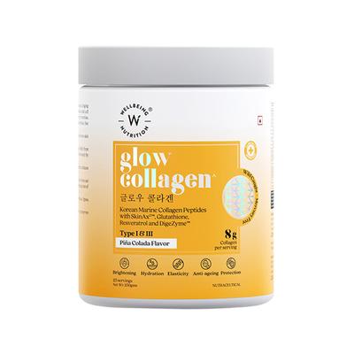 Wellbeing Nutrition Glow Korean Marine Collagen Peptides with Type I and lii - Pina Colada Flavor 250 gm - Multi-Vitamins